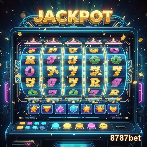 Imagem de uma máquina de slots Jackpot da 8787bet, destacando prêmios e emoção do jogo.